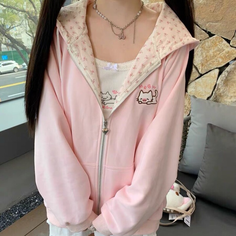 Original Milk-White Japanese-Style Soft and Cute Sweet Girl Hoodie, Gentle and Versatile Pink Floral Jacket That Makes You Look Fairer Original Milk-White Japanese-Style Soft and Cute Sweet Girl Hoodie, Gentle and Versatile Pink Floral Jacket That Makes You Look Fairer