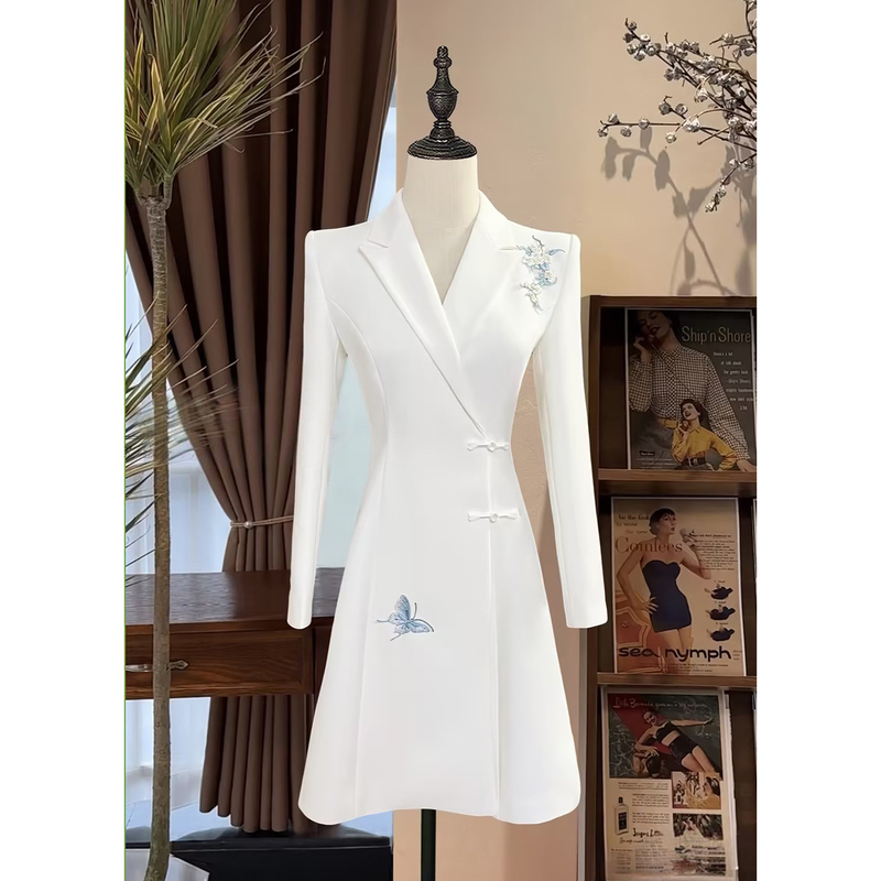 White Host Evening Gown Long-Sleeved Broadcasting Speech Exam Suit Dress Formal Occasion High-End Elegant Graduation
