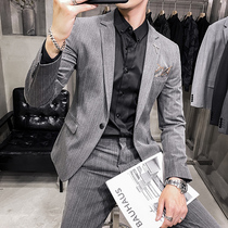 Autumn and winter suit mens suit slim Korean business casual dress stripe suit two-piece trend single western coat