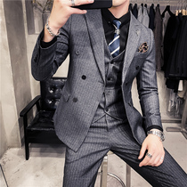 Mens suit suit striped slim Korean casual double-breasted suit mens coat trend wedding groom wedding