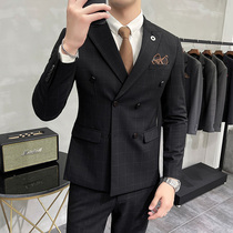 Autumn and winter double-breasted suit mens suit English Plaid casual wedding groom dress wedding suit formal dress