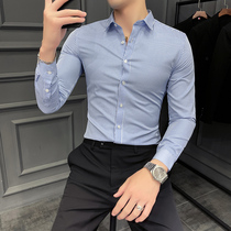 Autumn and winter mens high sense long sleeve shirt Korean version of slim striped ruffie handsome shirt trend casual handsome inch shirt men