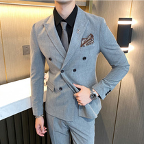 British striped suit suit mens three-piece Korean slim groom wedding dress tide double-breasted small suit