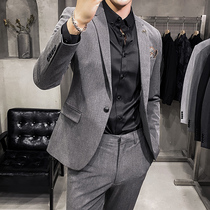 Autumn Mens Korean slim suit two-piece hair stylist trend large size casual suit suit suit suit groom dress