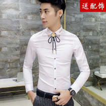 Long-sleeved shirt mens business casual Korean version slim groom wedding best man shirt plus velvet solid color white inch shirt tide