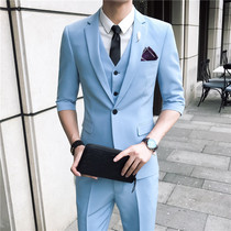 Summer thin hair stylist three-point sleeve suit suit Groom wedding dress Mens Korean slim mid-sleeve suit