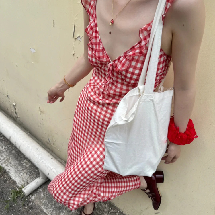 Hello Summer! Song Yanfei, the Same Style as Xiang Xiuyu, R Series Heidi Blush Red Fresh Plaid Silk Long Dress