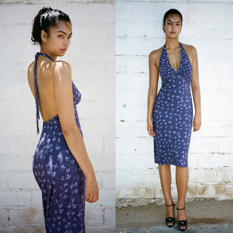 The Beauty Has Arrived Zhao Lusi R Series the Sadie Purple Floral Halter Neck Tie Backless Silk Dress