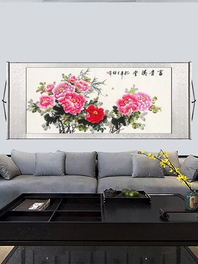 Баннер с изображением распускающихся пионов, символизирующий процветание и удачу, рулонная картина, китайская живопись для спальни, декоративная картина для прихожей, фон для дивана в гостиной.