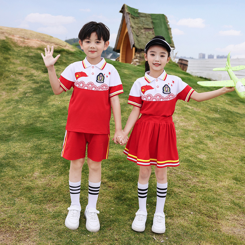 Summer Graduation Photos, Kindergarten Uniforms, Red National Style Sports Suits, Senior Class College Style Short-Sleeved School Uniforms for Primary School Students