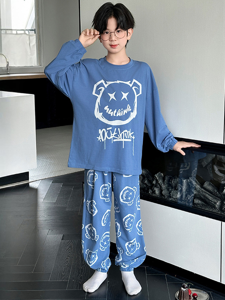 Cotton Boys' Pajamas for Spring and Autumn, Pure Cotton Long-Sleeved Plus-Size, Suitable for Wearing Outside, Autumn Style, Youth Student Loungewear