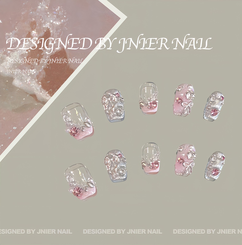 Jnier Nail｜"Peach Princess" Swarovski Pink and Silver Contrasting Princess-Style Sweet Handmade Wearable Nails