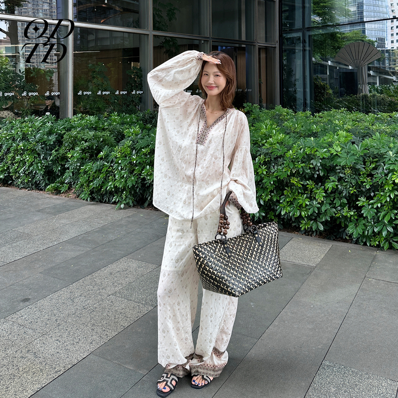 [Tian Xiwei's Same Style] Odtd26 Spring and Summer New Holiday-Style Printed Shirt Set, Bohemian Hippie Style
