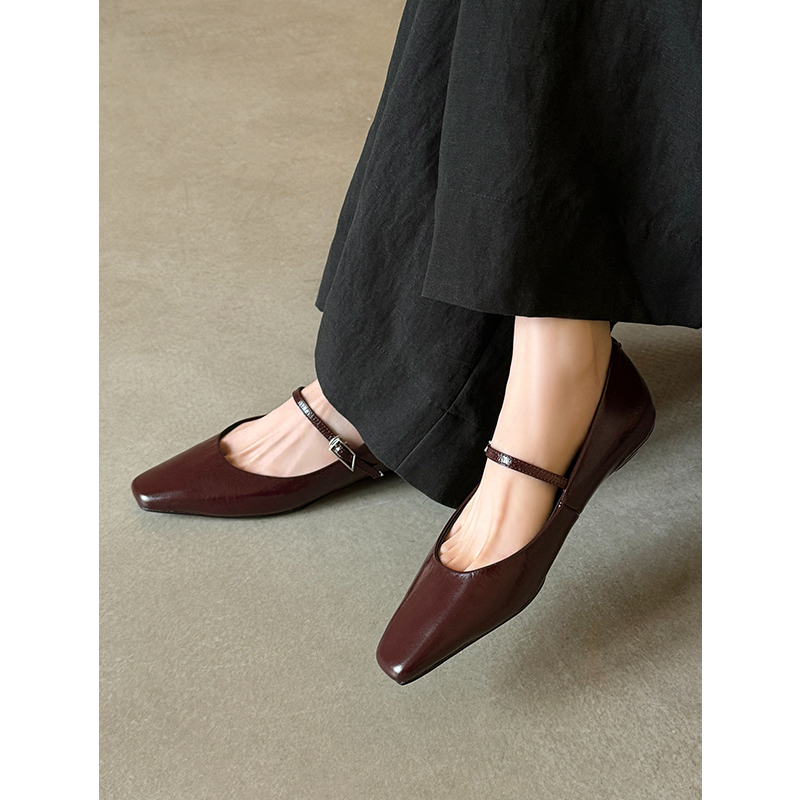 Blincole Ankle Red Leather Square-Toe Wedge Mary Jane Shoes for Women, Strapless Low-Heel Flats