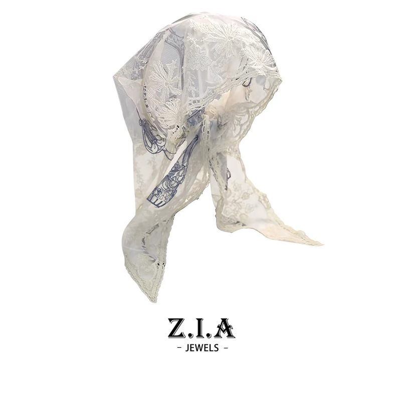 Ouyang Nana's Same Style White Ribbon Headscarf with Romantic Lace Embroidery, Heavy-Duty Tie-Up Triangle Scarf for Layering on the Waist