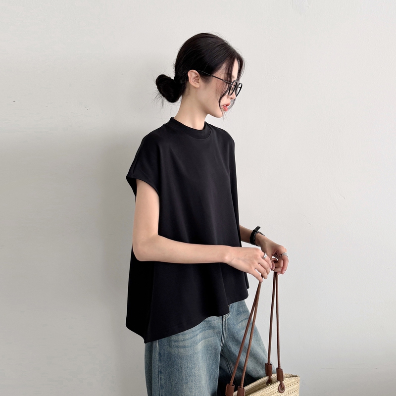 Pure Cotton Stand-Up Collar Sleeveless T-Shirt for Women, Outerwear with Back Seam, Niche Design, Loose Fit, Slimming Base Shirt, Oversized Top, Trendy Pure Cotton Stand-Up Collar Sleeveless T-Shirt for Women, Outerwear with Back Seam, Niche Design, Loose Fit, Slimming Base Shirt, Oversized Top, Trendy