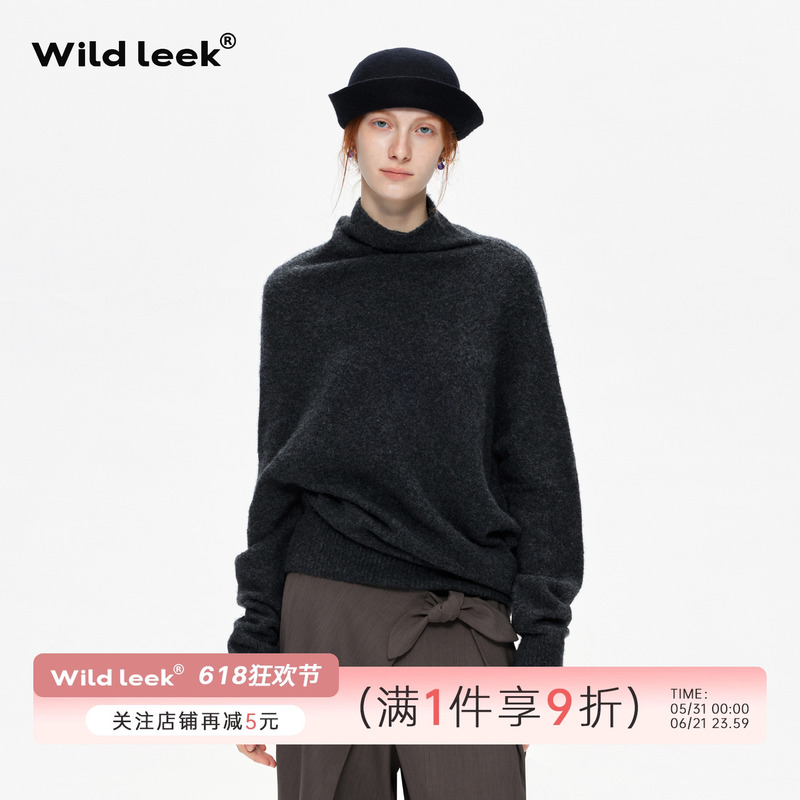 Wild Leek Original Wool Blend Turtleneck Sweater for Women 2025Aw Slightly Oversized Drop Shoulder Fleece-Like Knit Sweater