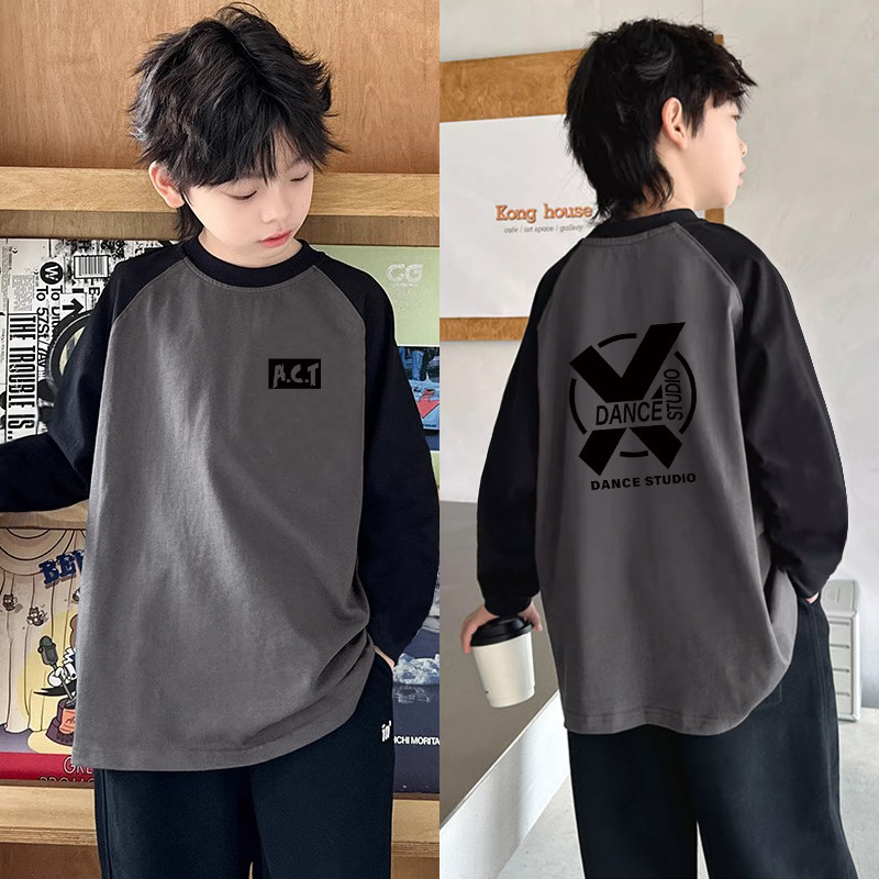 Boys' Patchwork Pure Cotton Long-Sleeve T-Shirt, Spring and Autumn Color-Blocked Loose Base Shirt, for Older Children Aged 6-12 Years Old Boys' Tops