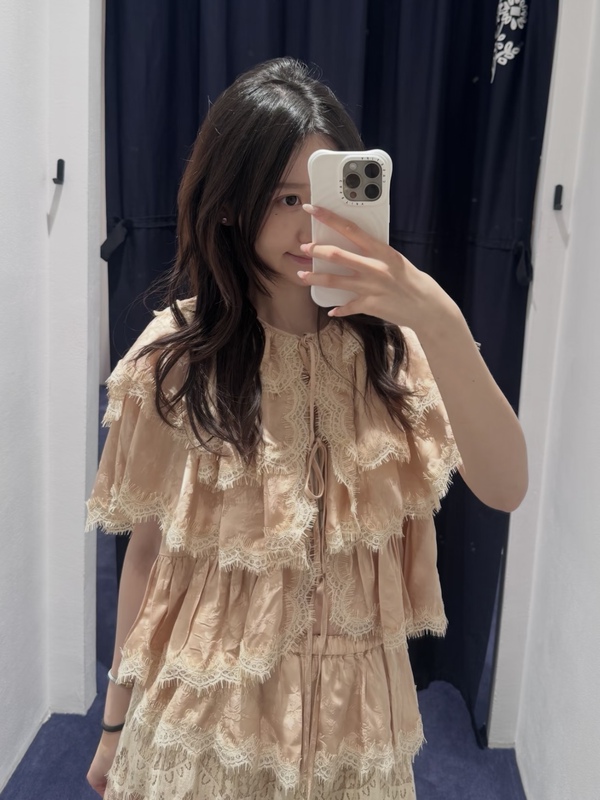 [Usa] Seanewyork French-Style Vintage Lace Layered Satin Shirt with Elastic Waist and Lace Trim Skirt