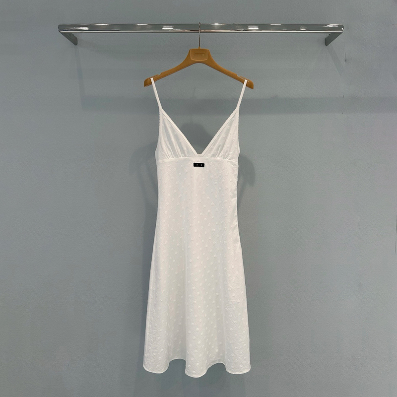 Uzer Pure Desire V-Neck White Spaghetti Strap Dress for Women with 3D Jacquard Embroidery, Waist-Cinching Mid-Length Tank Dress