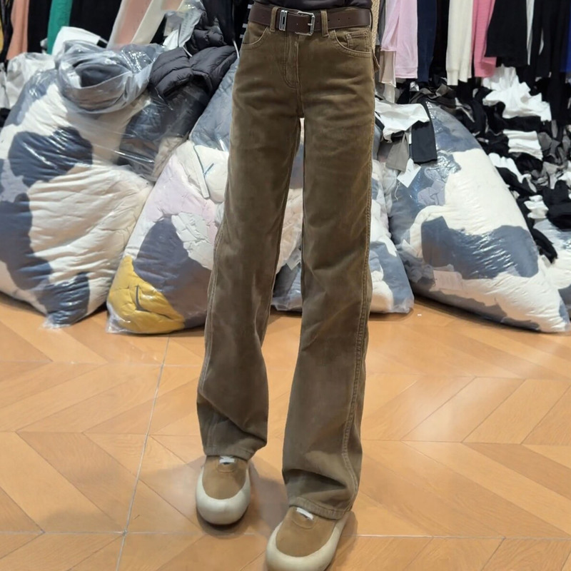 Fashionable Slim-Fit Fleece-Lined Straight Corduroy Casual Pants for Women, Trendy Ins Style, Winter 2026, High-Waisted Loose Wide-Leg Pants