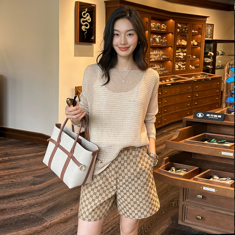 Empress W Light Beige Imported Japanese Paper Yarn Breathable Hollow Knit Sweater Cover-Up Long Sleeve/Sleeveless