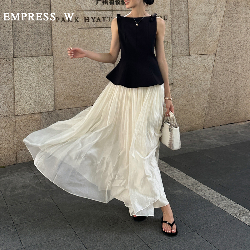 French-Style Off-White/Gold-Plated Coffee Pearlescent Texture Fairy Pleated Elastic Waist Skirt + Classic Black Polka Dot Tulle Skirt