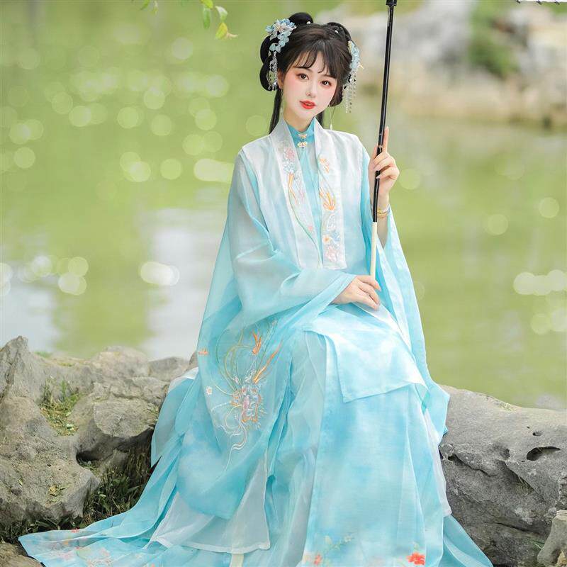 明代女性用漢服、西苑記オリジナルスタイル、襟付きロングローブ、刺繍入り腰丈、春・夏・秋に最適