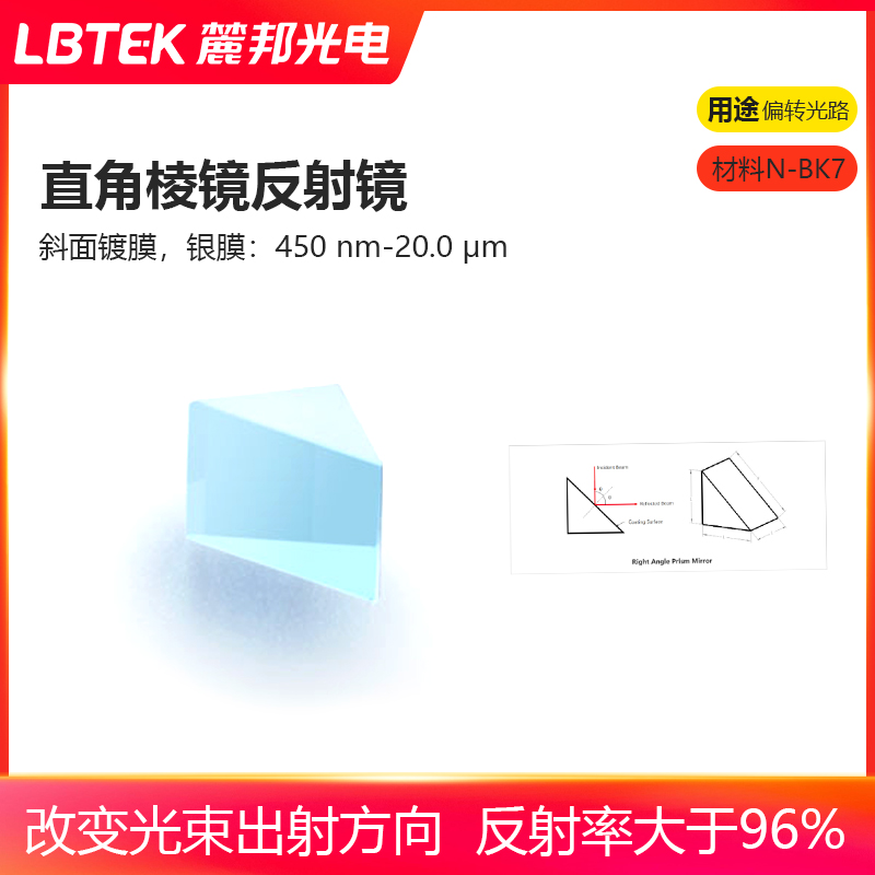 LBTEK麓邦直角棱镜反射镜宽带介质膜750 nm-1100 nm用于改变光束出射方向