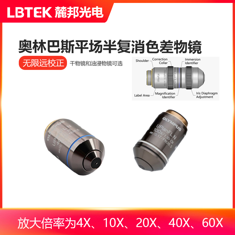 LBTEK麓邦奥林巴斯平场半复消色差物镜无限远校正高分辨率平场萤石物镜设计用于焦距180 mm的套管透镜