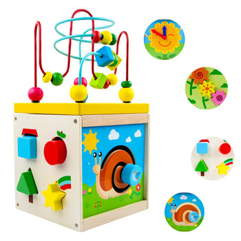 Wooden Four-Sided Multifunctional Geometric Shape Matching Bead Stringing Cognitive Clock Early Education Toy for Montessori Early Education