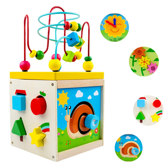 Wooden Four-Sided Multifunctional Geometric Shape Matching Bead Stringing Cognitive Clock Early Education Toy for Montessori Early Education