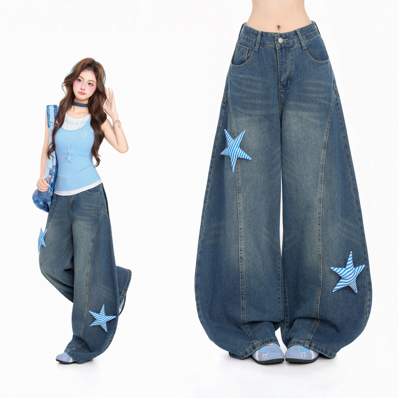 Htym American Retro Star Rabbit Ear Patchwork Jeans for Women, Summer Drapey Loose Wide-Leg Pants, Scimitar Pants