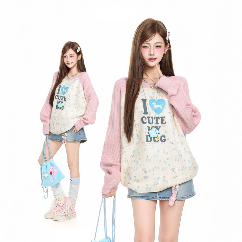 Htym Korean-Style Sweet Puppy Print Color-Blocked Raglan Long-Sleeve Knit Sweater for Women, Loose Casual Pullover Sweater for Autumn Htym Korean-Style Sweet Puppy Print Color-Blocked Raglan Long-Sleeve Knit Sweater for Women, Loose Casual Pullover Sweater for Autumn