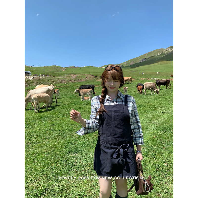 Ulovely Slightly Chubby Girl "Yili Flavor Korean Girl Style 100% Cotton Blue Tank Dress Slim Fit Suspender Dress + Plaid Shirt