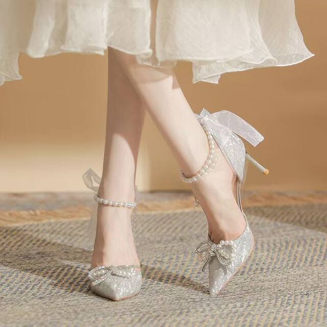 Silver High-Heeled Shoes for Women 2025 New Style Bow Crystal Shoes Wedding Shoes Stiletto Heel Pointed Toe Fairy Style Ladylike High-End