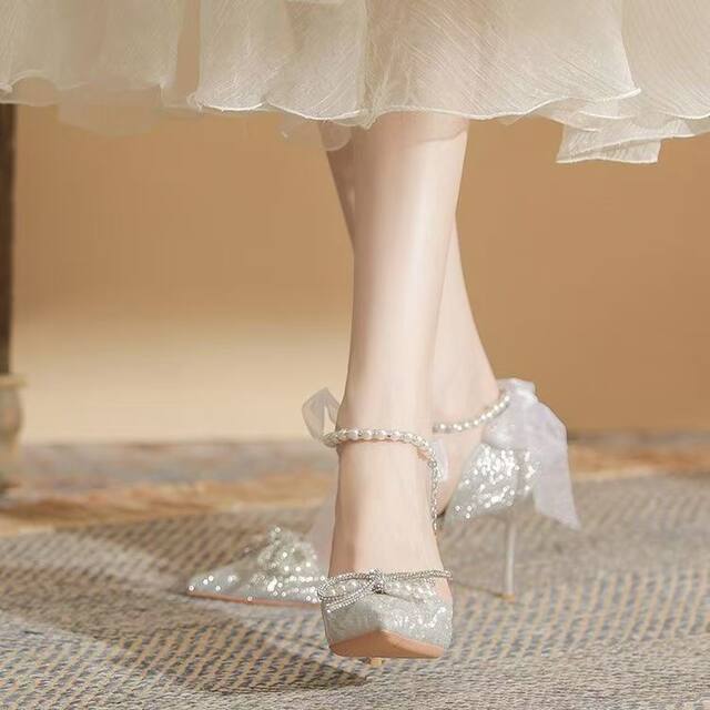 Silver High-Heeled Shoes for Women 2025 New Style Bow Crystal Shoes Wedding Shoes Stiletto Heel Pointed Toe Fairy Style Ladylike High-End