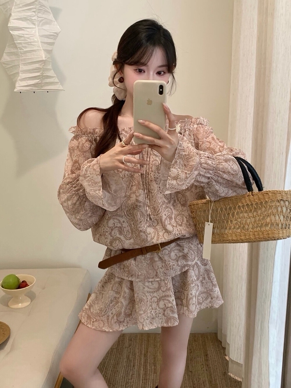 Mialuna2026 Spring and Summer New Retro Cashew Flower Chiffon Holiday Style Two-Piece Set