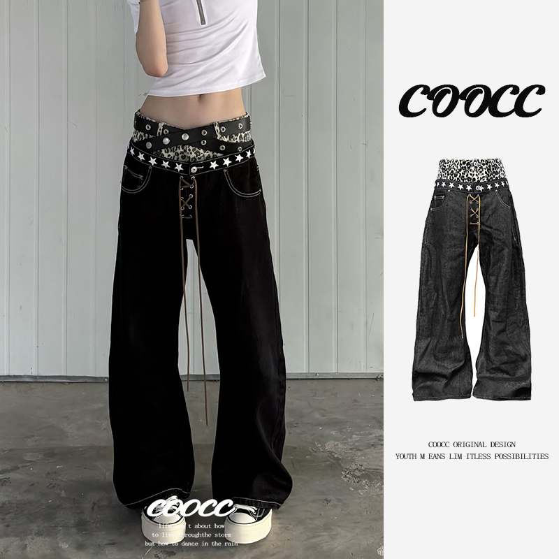American Retro Leopard Print Double-Waist Scimitar Jeans for Men, High Street Loose Casual Black Raw Denim Straight-Leg Long Pants American Retro Leopard Print Double-Waist Scimitar Jeans for Men, High Street Loose Casual Black Raw Denim Straight-Leg Long Pants