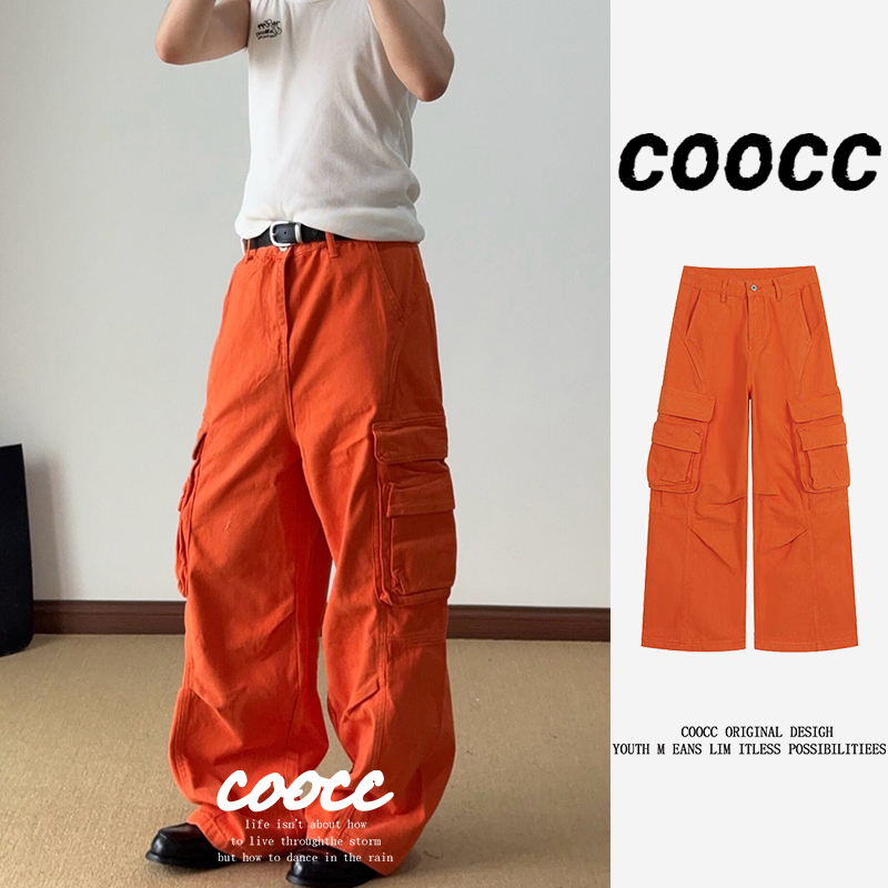 American Retro Multi-Pocket Cargo Pants for Men, Street Style Straight Loose Fit Cleanfit Orange Wide-Leg Pants