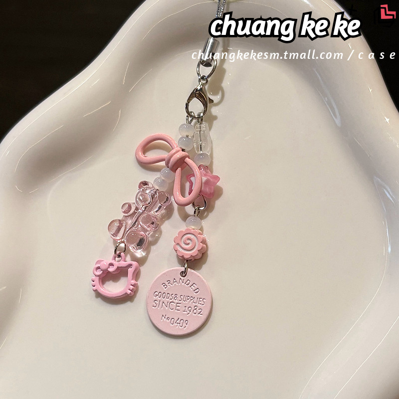 【Chuang Ke Ke】Original DIY Pink Cute HT Cat Bow Bear Phone Case Pendant Girlish Handmade Beaded CCD Camera Chain Phone Anti-Loss Rope Bag Charm