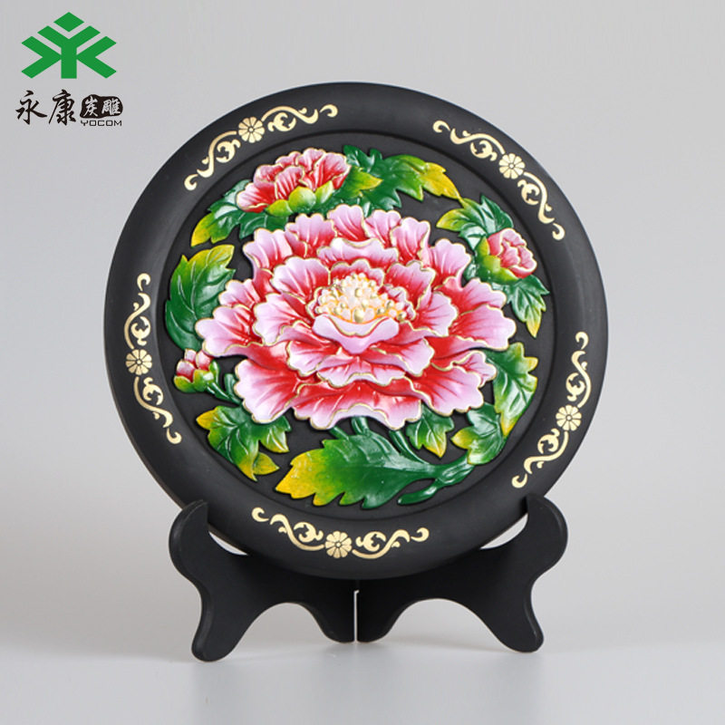 Yiwu small goods disc pendulum piece charcoal carving active carbon handicraft creative gift red peony hibiscus flower-Taobao