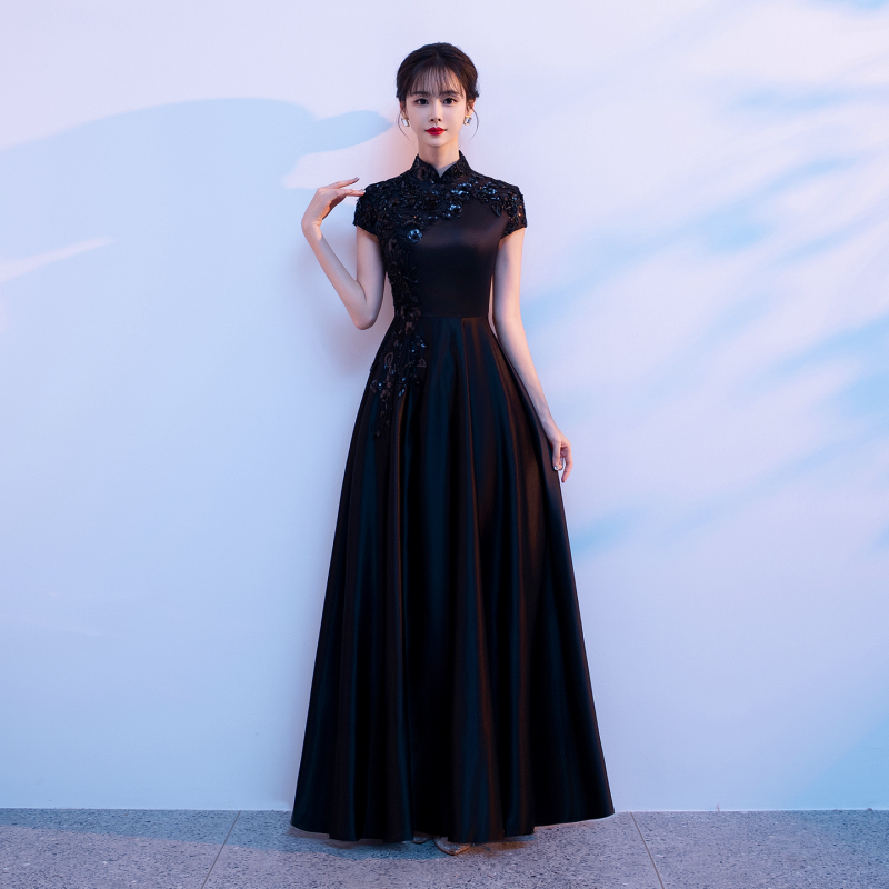 High-End Hostess Dress for Annual Meeting, Black Modern Chinese-Style Improved Cheongsam for Art Exam, Stage Solo Vocal Performance, Guzheng Performance