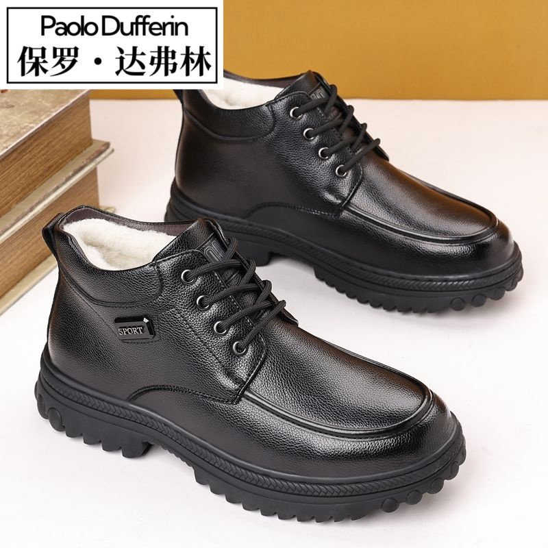 Paul Daflyn Men's Winter New Genuine Leather Wool-Lined Thickened Warm Snow Boots Casual High-Top Shoes