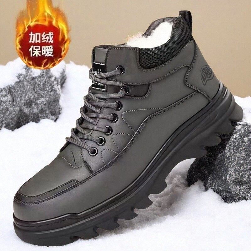 Paul Daflyn Men's Winter Fleece-Lined Warm Snow Boots, Non-Slip Thick-Soled Casual Cotton Boots, Leather Casual Men's Shoes