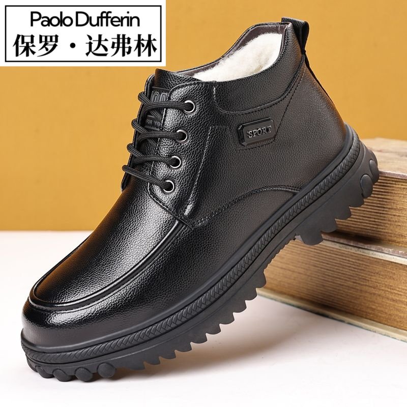Paul Daflyn Men's Winter New Genuine Leather Wool-Lined Thickened Warm Snow Boots Casual High-Top Shoes