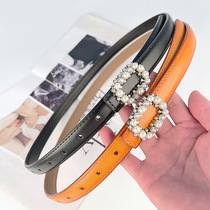 Japanese FC thin genuine leather womens belt decorated casual pants and jeans inlaid with pearls and rhinestones for sweet and fashionable women