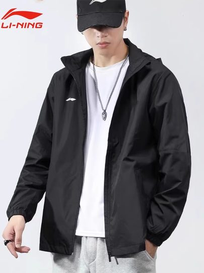Li Ning Sport-Windjacke für Herren, Frühling und Herbst, neue winddichte Strickjacke mit Kapuze, lässige, lockere, große Jacke für Herren