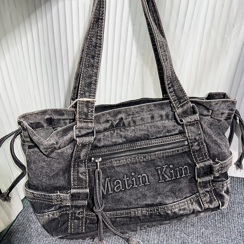Korean Niche Matin Kim Retro Denim Tote Bag for Women, Large Capacity Shoulder Underarm Bag, Casual Commuter Bag