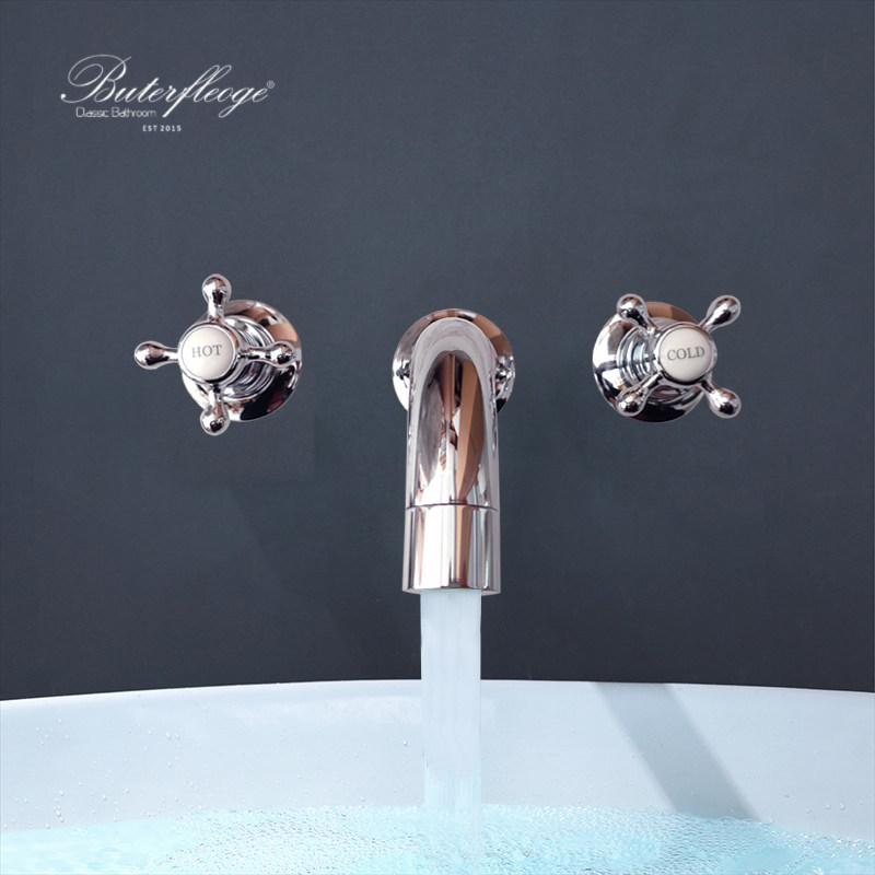 Butterfly ceramic bathroom All-copper three-hole wall-in-wall basin faucet hole distance adjustable All-copper chrome plated gold plated export to the United Kingdom